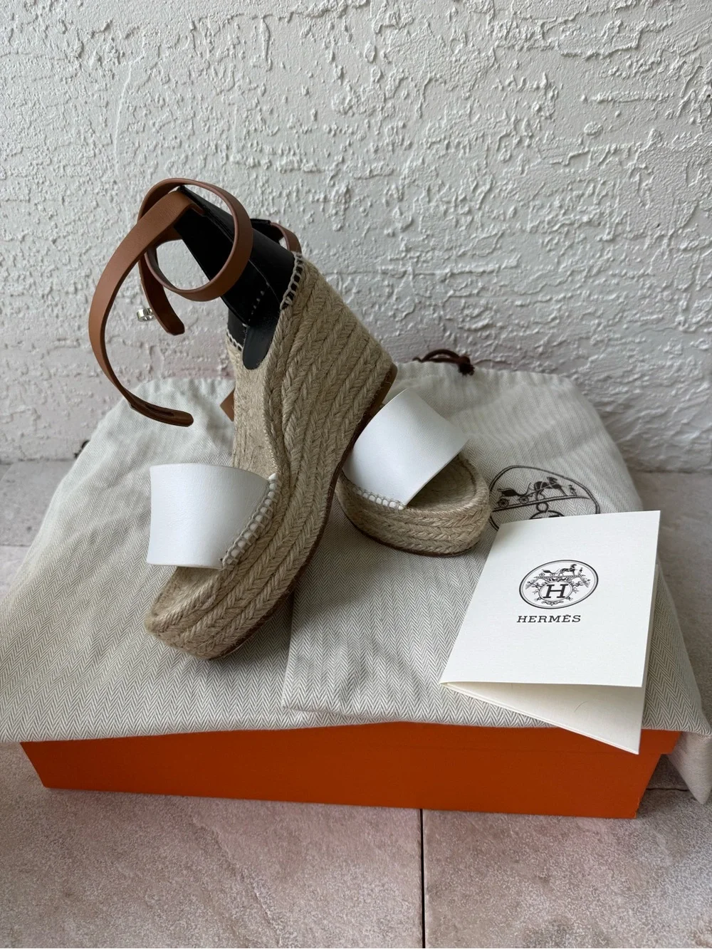 Hermes Tivoli Calfskin Leather Ankle Strap Espadrille Wedges